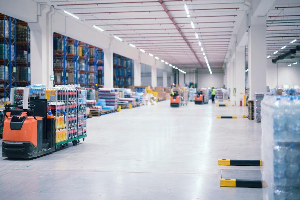 A spacious warehouse filled with stacked pallets and forklifts in operation, showcasing an active logistics environment